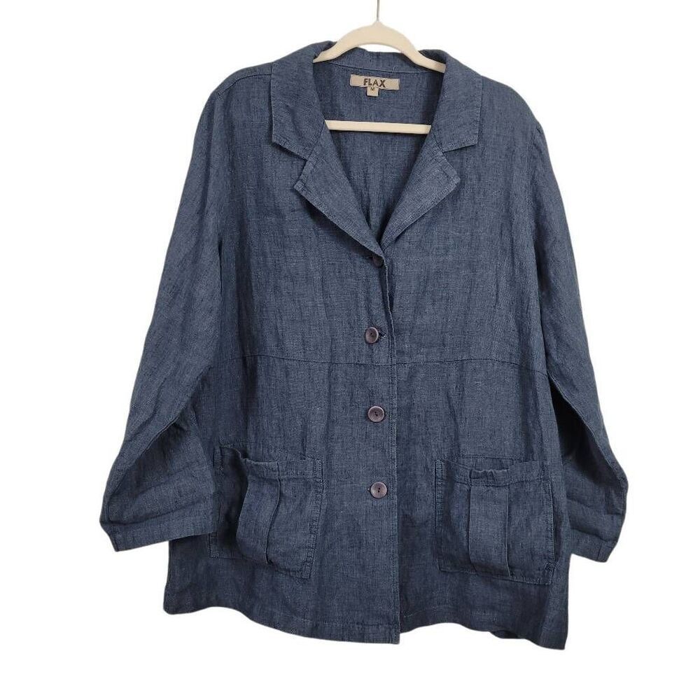 Flax 100% Linen Oversized Jacket‎ Top Sz M Navy Blue Button Front Lightweight